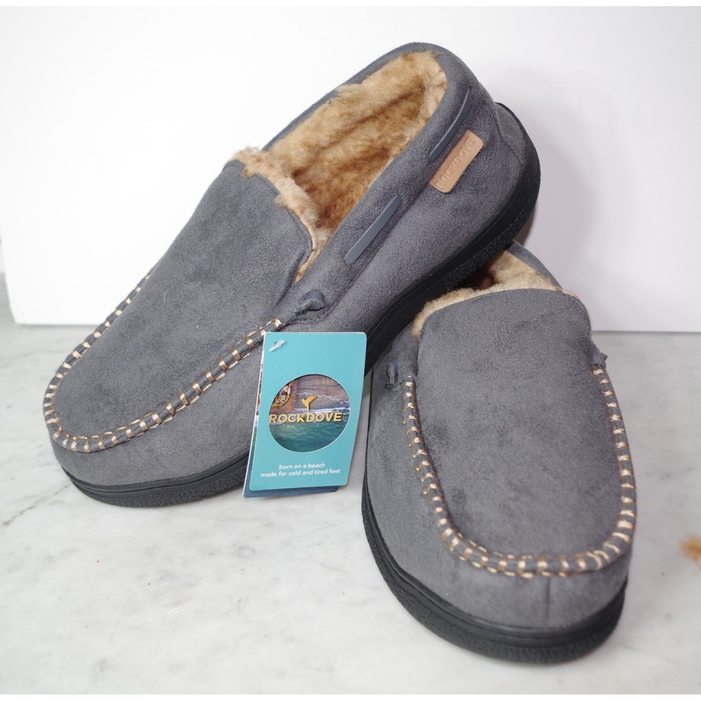 NWT Rockdove Men's Size 10 US Gray Faux Suede Moccasin Slippers Faux Fur Lined